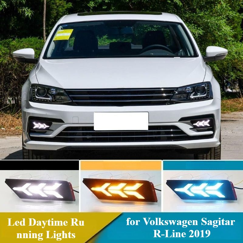 Voor Volkswagen VW Sagitar R-Line 2019 Led-dagrijverlichting 12V DRL Mistlampen voor de voorbumper met dynamische gele richtingaanwijzer_voghion.com