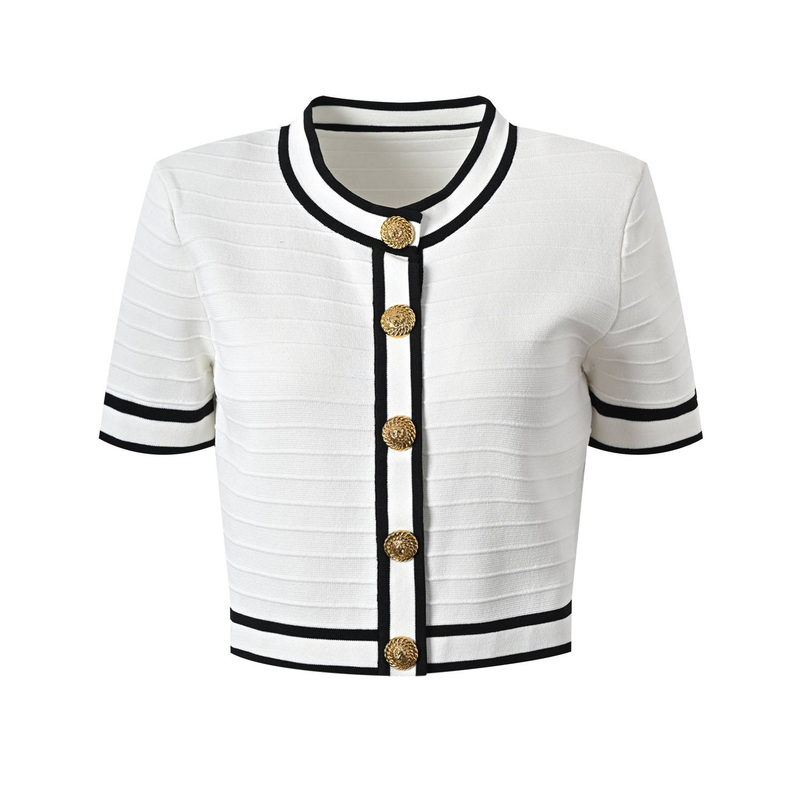 Women's Clothing New Temperament Gentle Style Contrast Color Round Neck Metal Button Ice Silk Short Sleeve _voghion.com