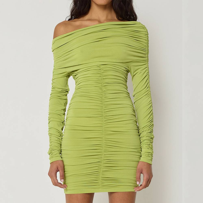 Inclined Shoulder Long Sleeve Sexy Mini Dress For Women Autumn New Fashion Backless Ruched Bodycon Party Sexy Dress_voghion.com