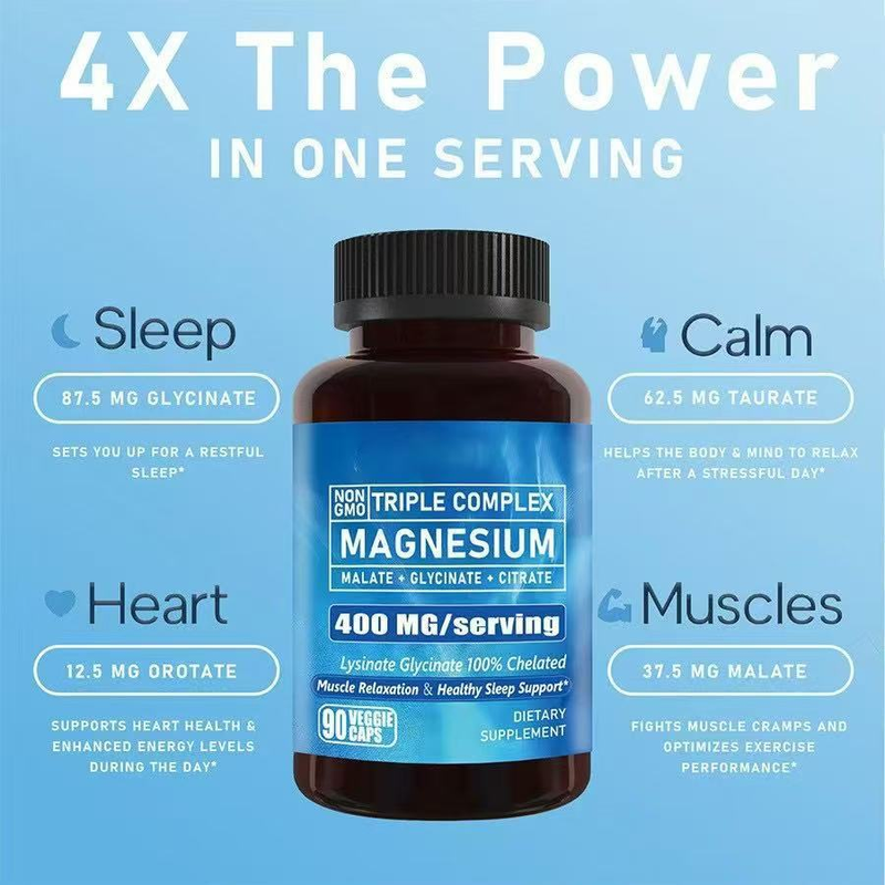 Magnesio Triplo Complesso 400 mg | Supporto 4 in 1 per Sonno, Calma, Cuore e Muscoli | 90 Capsule Vegetariane_voghion.com
