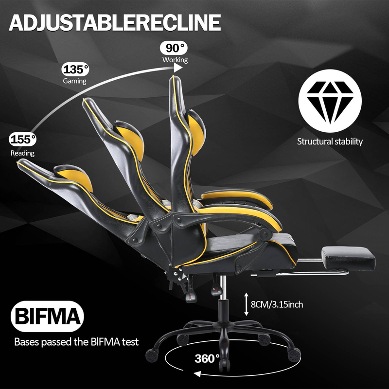 Ergonomischer Gaming-Stuhl mit verstellbarer Neigung (90–155 °), Armlehne, dickem, hochdichtem Kissen, PU-Leder, 136 kg Tragkraft, leisen Rädern, Lila_voghion.com