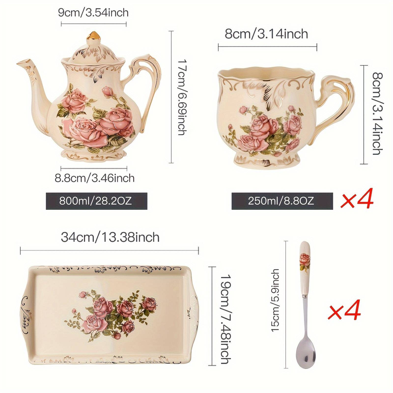 Floral Ceramic Tea Set - European Vintage Style With Rose Pattern, Light Yellow Tea Kettle & Cups With Spoon, Perfect For Afternoon Tea_voghion.com