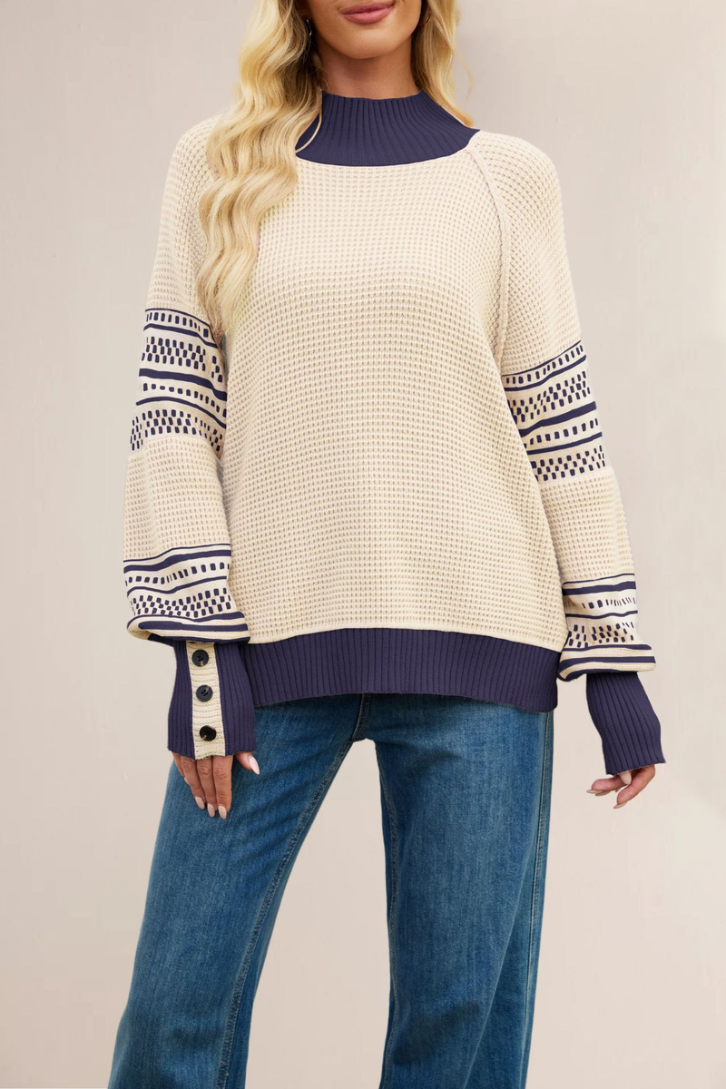 Women's Clothing Knitted Color-Block Semi-Turtleneck Sweater, Loose Fit Long Sleeve Pullover, Geometric Pattern Casual Chic Streetwear_voghion.com