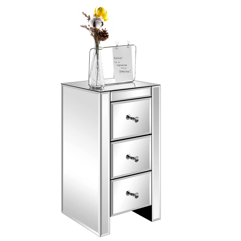 Table de chevet en verre miroir avec 3 tiroirs à boutons en cristal – Table de chevet argentée moderne pour une décoration de chambre glamour (taille S)_voghion.com