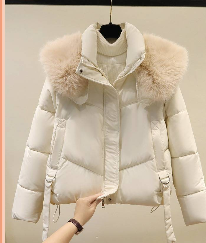 Dames winter korte pufferjas met oversized imitatiebontkraag - Gezellige gewatteerde donsalternatieve jas voor casual en kantoorkleding_voghion.com
