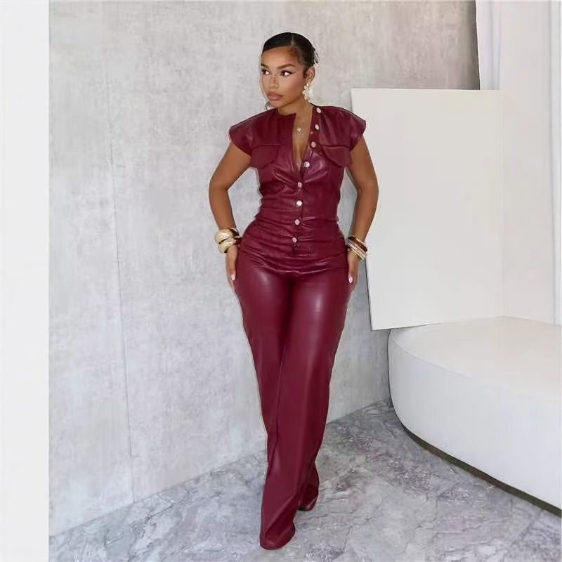 Women's PU Leather Sleeveless Jumpsuit – Slim-Fit High-Waisted Romper With Belt Detail (Crimson, S-2XL)_voghion.com