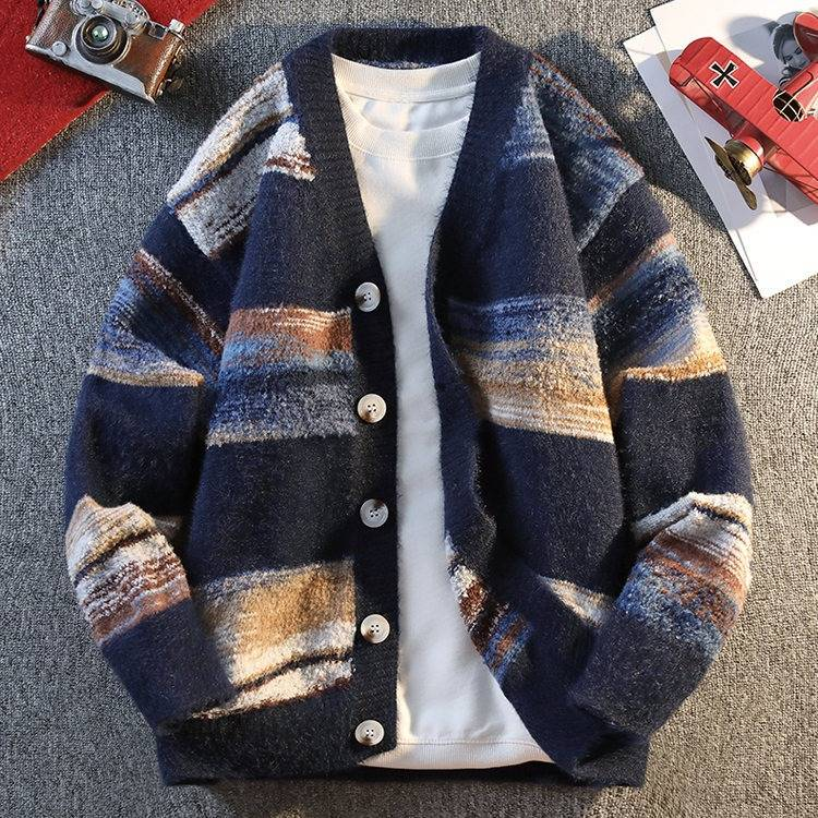 Men's Premium Knit Cardigan – Trendy V-Neck Open Front Sweater (M-4XL, Acrylic-Blend, Jacquard Pattern)_voghion.com