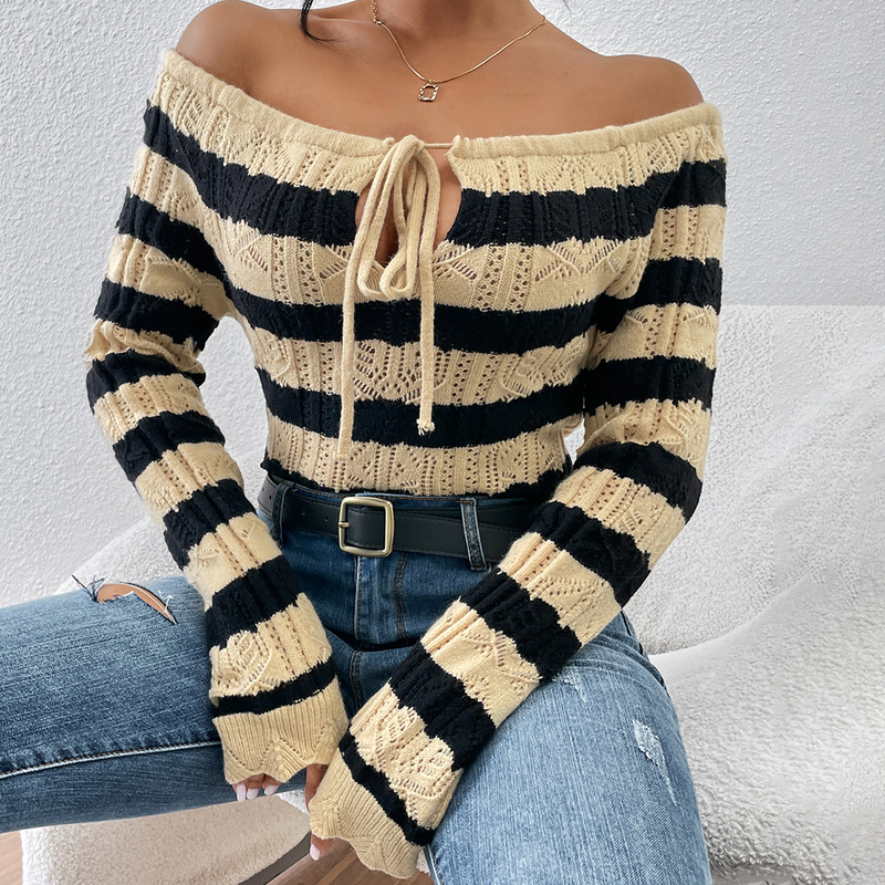 Maglione lavorato a maglia per abbigliamento da donna in maglione pullover a righe con colletto a una riga per donna_voghion.com