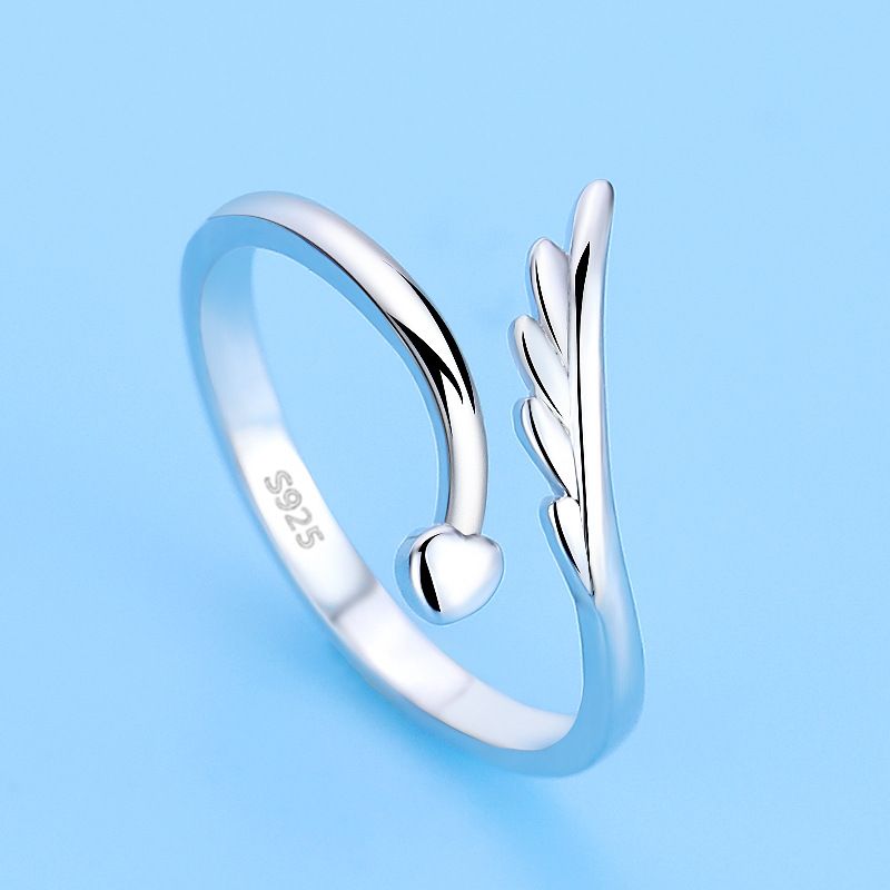 Qiaolanxuan Single Winged Open per le donne, versione coreana, anello a forma di cuore con ali d'angelo, gioielli in argento_voghion.com