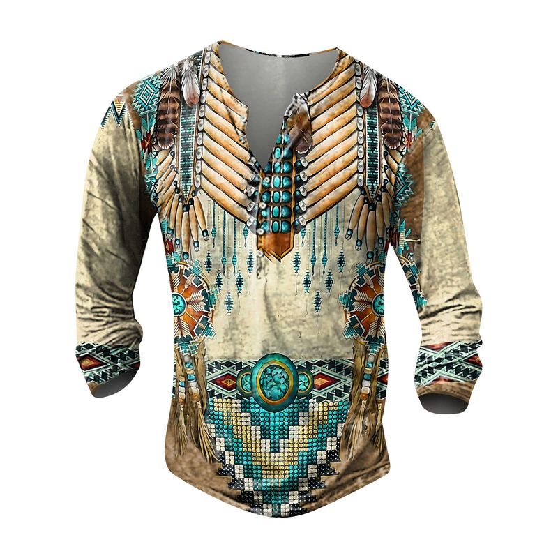 2025d Summer Digital Print Youth Motorcycle Pattern Henley Shirt 7-Button Men's Casual Long Sleeve_voghion.com