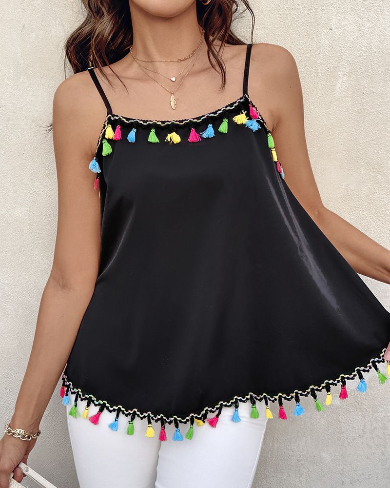 Trendy Fringe Trim Sleeveless Top For Women - Lightweight Polyester, Elegant & Stylish, Boho Chic, Versatile Casual Wear_voghion.com