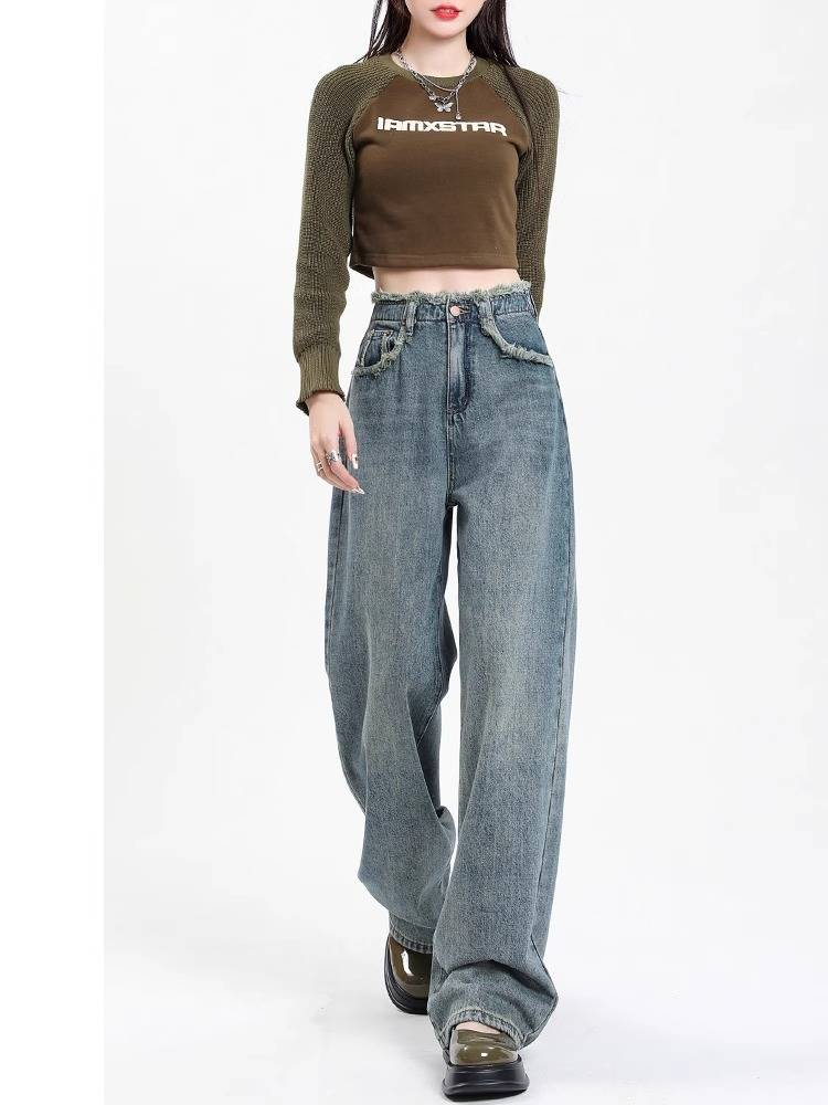 Blaue Retro-Jeans mit weitem Bein für Damen, neue hohe Taille, tiefes Bein, gerades Bein, große Größe, dünne, lockere, haarige Bodenhose_voghion.com