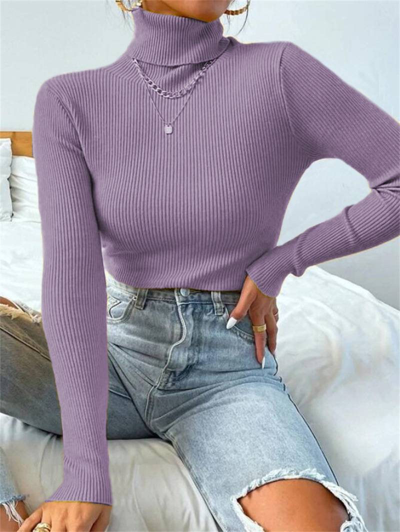 2024 Autumn Winter Women Long Sleeve Knitted Foldover Turtleneck Ribbed Pull Sweater Soft Warm Femme Jumper Pullover Clothes_voghion.com