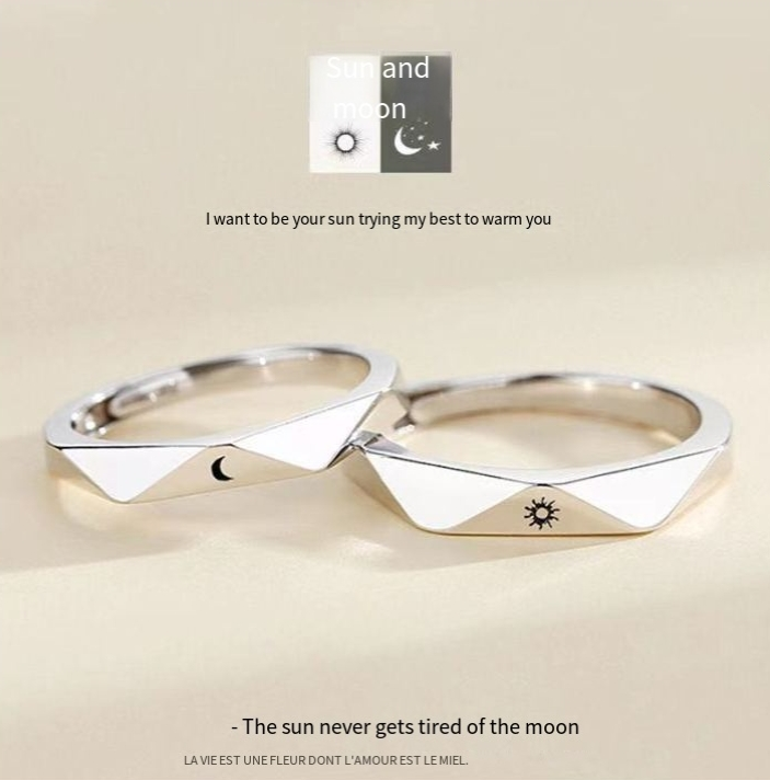 Anelli di coppia Sole e Luna Argento Un paio di anelli aperti con fibbia allentata per amore Design di nicchia per relazioni a lunga distanza_voghion.com