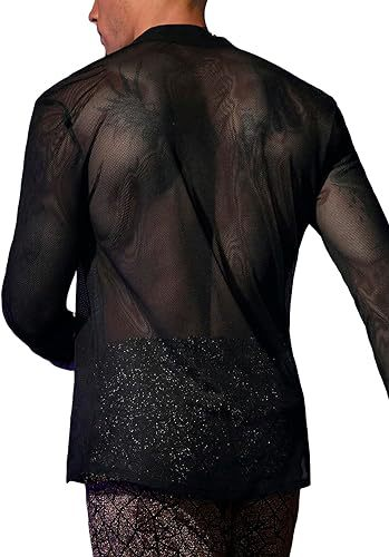 Durchsichtiges Herren-T-Shirt aus Mesh mit V-Ausschnitt und Knopfleiste, langärmlig, Muscle Fit, Oberteil mit offener Vorderseite_voghion.com