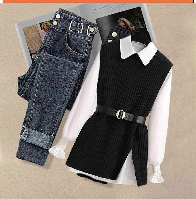 Plus Size Women's 3-Piece Autumn Set – Knit Vest, Flowy Shirt & Slimming Jeans For Curvy Figures_voghion.com