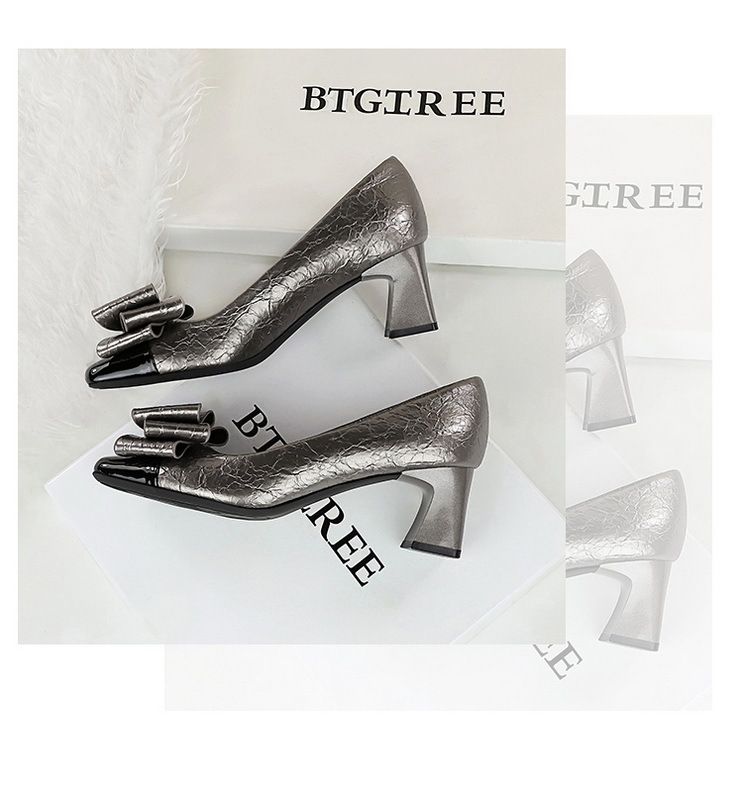 5299-H58 Koreanische mode frauen schuhe, dicken mittleren ferse, flach mund spleißen, platz farbe blockiert kappe, bogen,_voghion.com