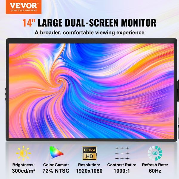 VEVOR Tragbarer Laptop-Bildschirm-Extender, 14' FHD 1080P IPS Dual Extended Monitor für 13'-17' Laptop, schwenkbarer tragbarer Monitor USB-C/USB-A/Mini HDMI Por_voghion.com
