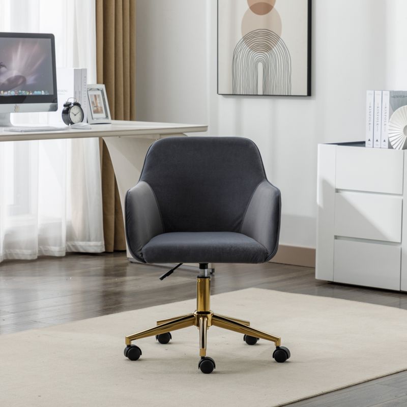 Neuer Höhenverstellbarer Drehstuhl Aus Samtstoff Für Das Büro Im Innenbereich Mit Goldenen Beinen, Grau_voghion.com
