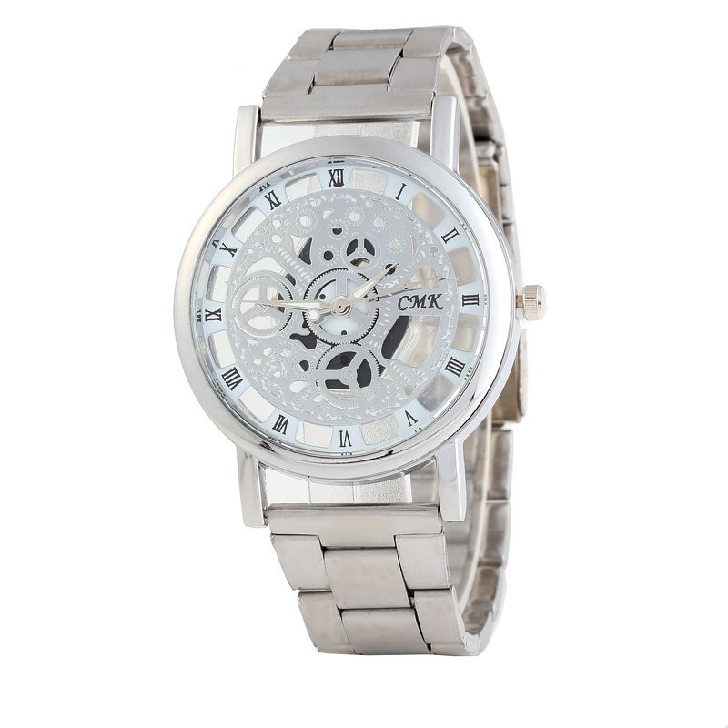 Orologio al quarzo alla moda da uomo con cinturino in acciaio, fondello trasparente cavo non meccanico, stile studentesco_voghion.com