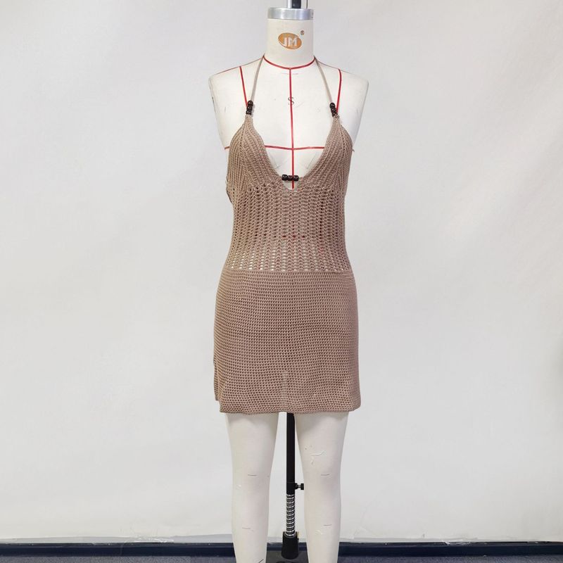 Abito da spiaggia da donna in maglia con scollo a V, sexy, senza schienale, con lacci_voghion.com