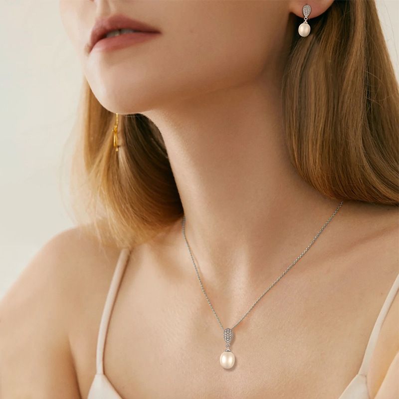 S Sterling Set Ohrringe Intarsien Zirkon Perle Halskette Anhänger Sier Schmuck_voghion.com