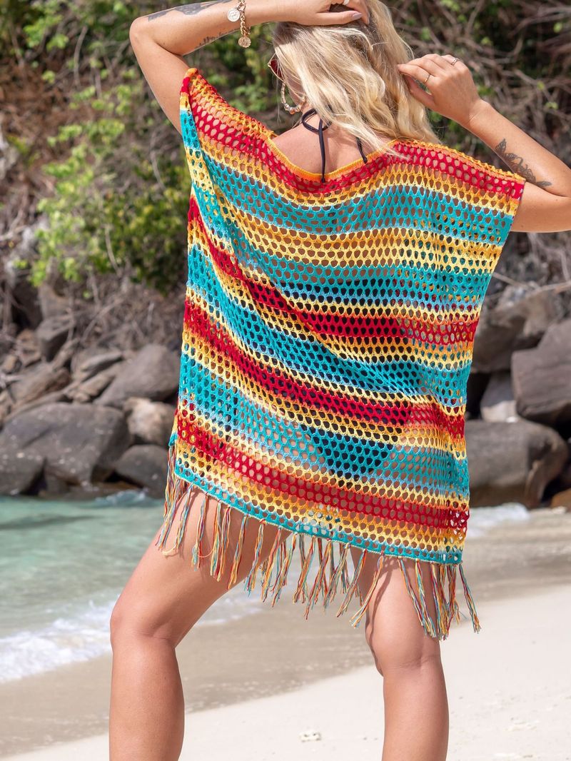 Women's Crochet Fringe Beach Cover Up Short Kimono Bikini Wrap Swimwear Sheer Summer Vacation Boho Chic_voghion.com