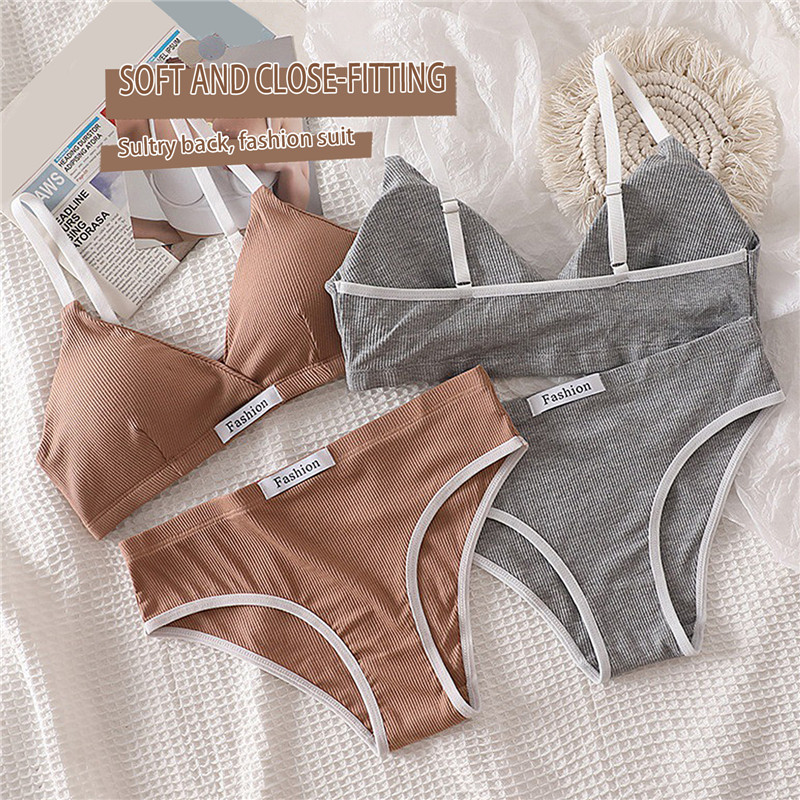 2 stücke Frauen Bh Set Sexy Slip Low Taille Höschen Wireless-Bh Backless Bralette Dessous Büstenhalter Weibliche Baumwolle_voghion.com