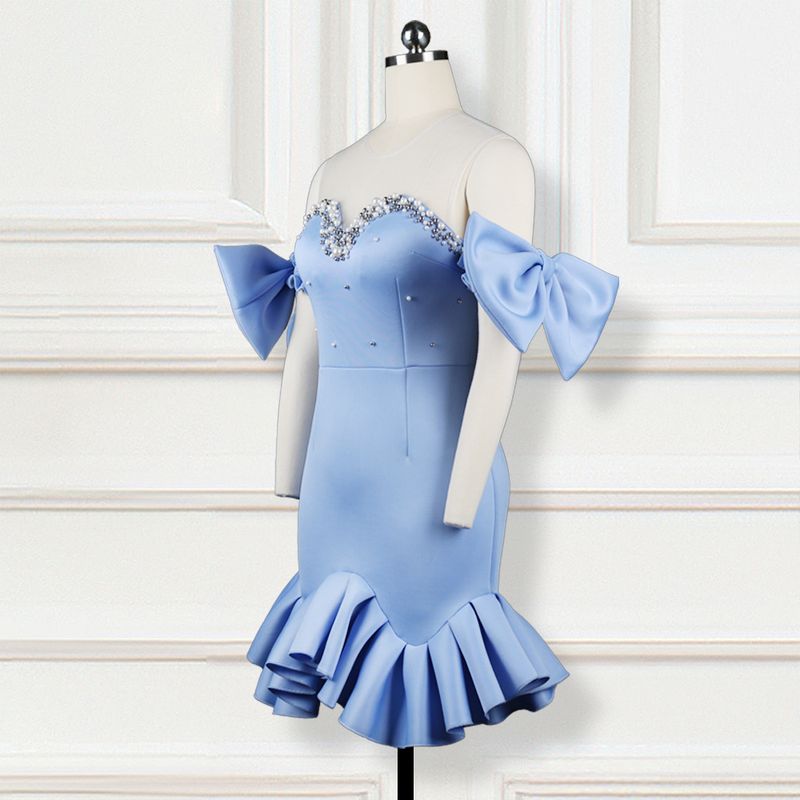 Sexy perspective mesh bow beaded ruffle party dress large size dress_voghion.com