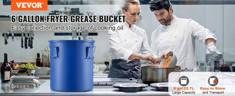 VEVOR Fryer Grease Bucket, 6 Gal Oil Disposal Caddy Carbon Steel Fryer Oil Bucket With Rust-Proof Coating, Oil Transport Container With Lid, Lock Clips, Filter Bag For Hot Cooking Oil Filtering, Blue_voghion.com