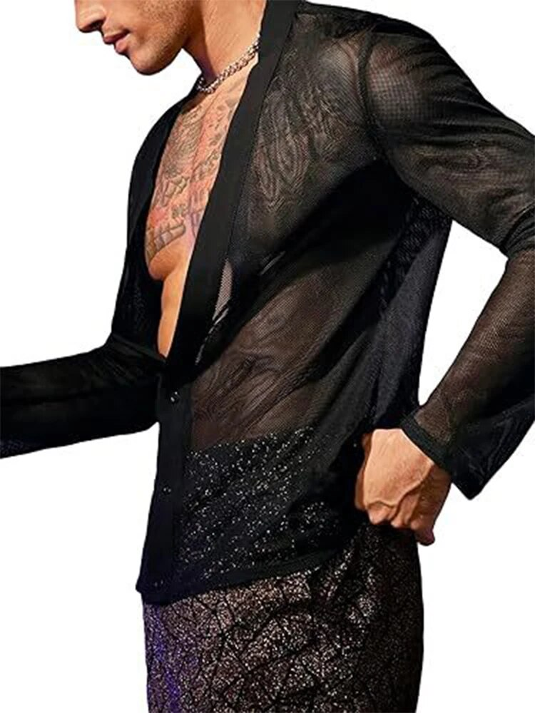 Neu Frühling Sexy Shis Männer Sehen Durch Transparent Lose Mesh Tops Männlich Strand Mode Tiefem V-ausschnitt_voghion.com