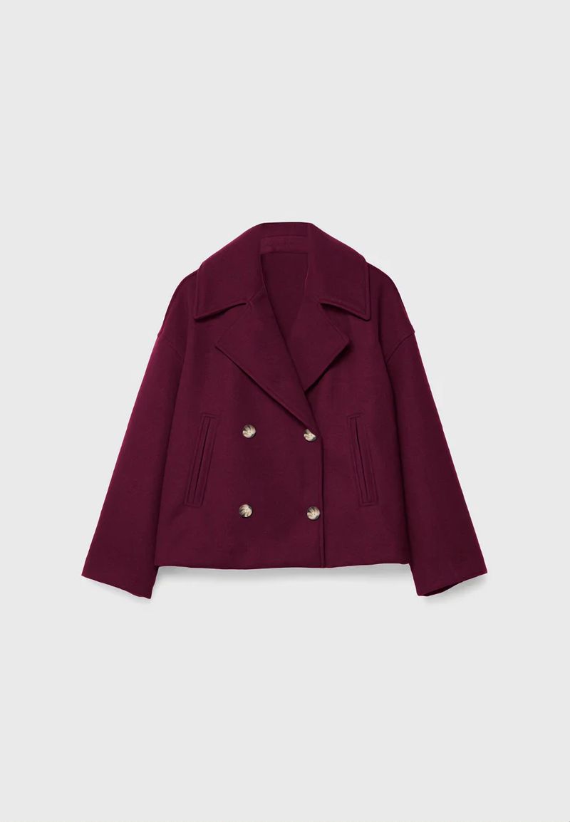 Damen-Peacoat aus Wollmischung mit zweireihiger Knopfleiste, Trenchcoat mit Revers und Knopfdetail, eleganter, locker sitzender Kurzblazer für Büroausflüge_voghion.com
