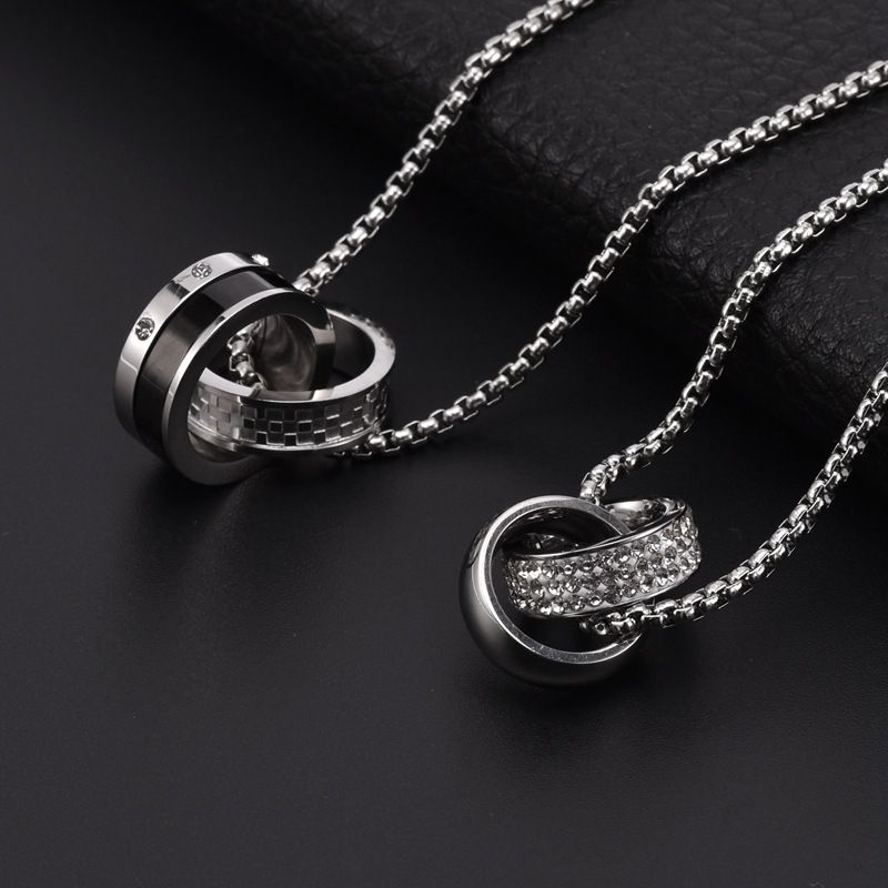 Collana con doppio cerchio in acciaio inossidabile, da uomo, con ciondolo a doppio anello, stile hip hop, alla moda, con lunga catena per maglione._voghion.com