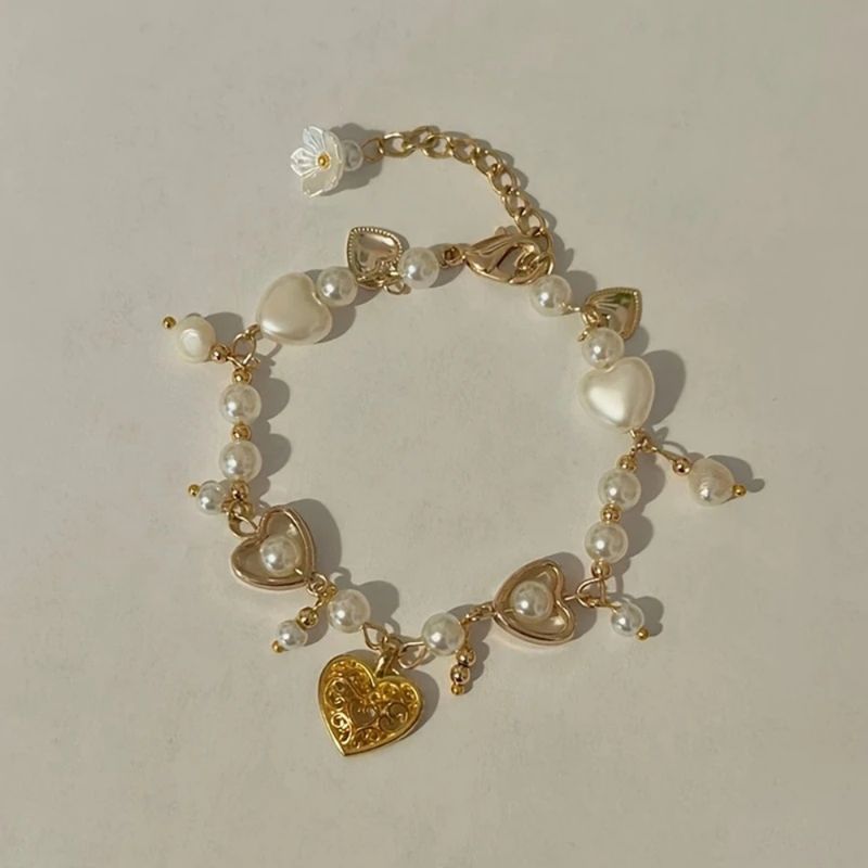 Bracciale in lega placcato oro con stile grazioso e catena regolabile a forma di cuore e fiore di perle per donna_voghion.com