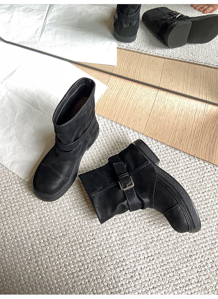 Women's Distressed Western Ankle Boots - Stacked Fold Design, Round Toe, Chunky Heel, Waterproof PU (Black, Khaki)_voghion.com