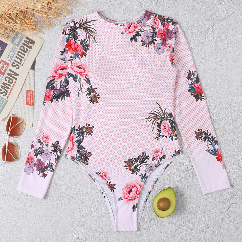 Costume da bagno intero a maniche lunghe con protezione solare alla moda da donna, vita alta, stampa rosa conservatrice_voghion.com