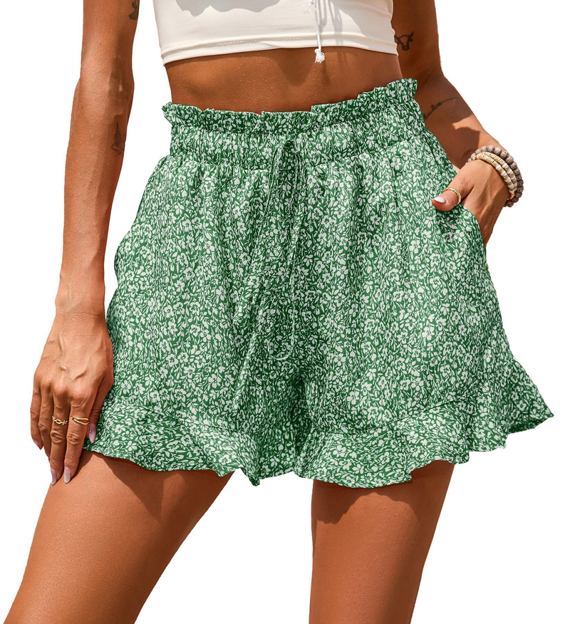 Vêtements pour femmes en mousseline de soie imprimé short décontracté à la taille avec poche_voghion.com