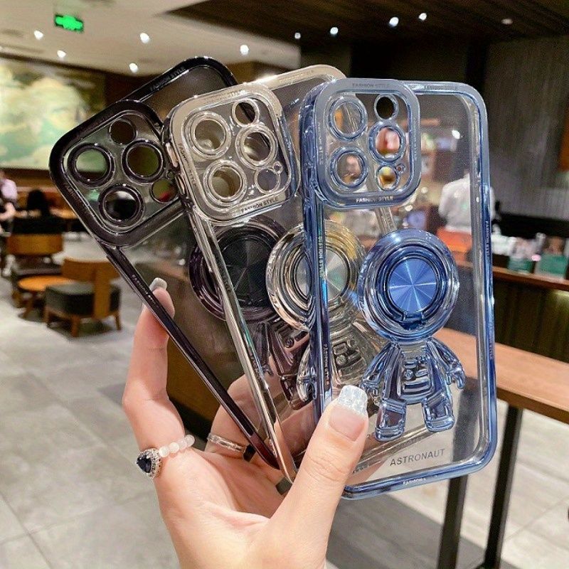 Hoogwaardige 3D Astronaut Design Plating Bescherming Telefoonhoesje met Ringbeugel TPU Valbestendige Hoes met Auto Magnetische Bevestiging voor 14/15_voghion.com