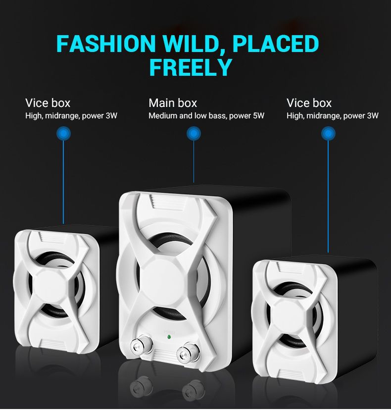 USB + AUX vadu datora zemfrekvences skaļruņu komplekts 5W + 3W * 2 basu pastiprināšanas stereo 2.1 datoram un tālrunim, skaļrunis_voghion.com