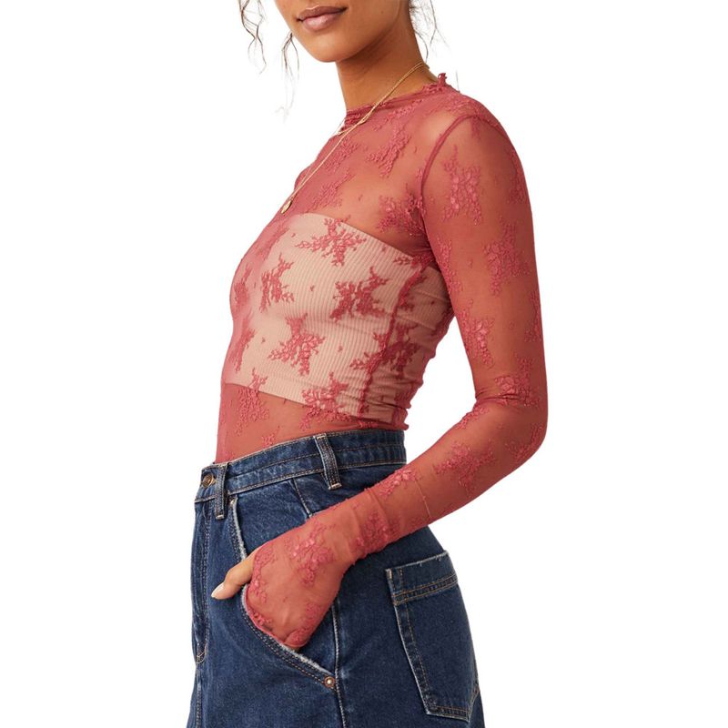 Lace Top With Semi-high Collar And See-through Mesh Base Layer; Sexy_voghion.com