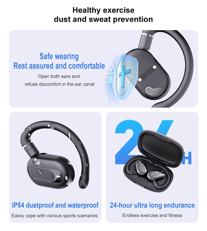 YJ22 Bluetooth-hodesett, ingen ekstern støy, ørehengende justerbare hodetelefoner med to ørestykker, med pustelys i laderommet_voghion.com