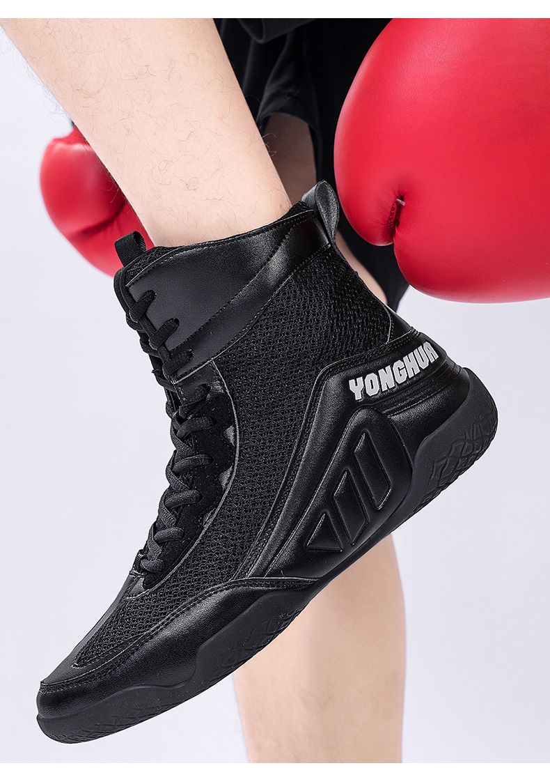 Chaussures de lutte mi-hautes pour hommes, chaussures de boxe professionnelles, antidérapantes et résistantes à l'usure, chaussures d'entraînement spéciales pour le combat, chaussures de Muay Thai Sanda_voghion.com