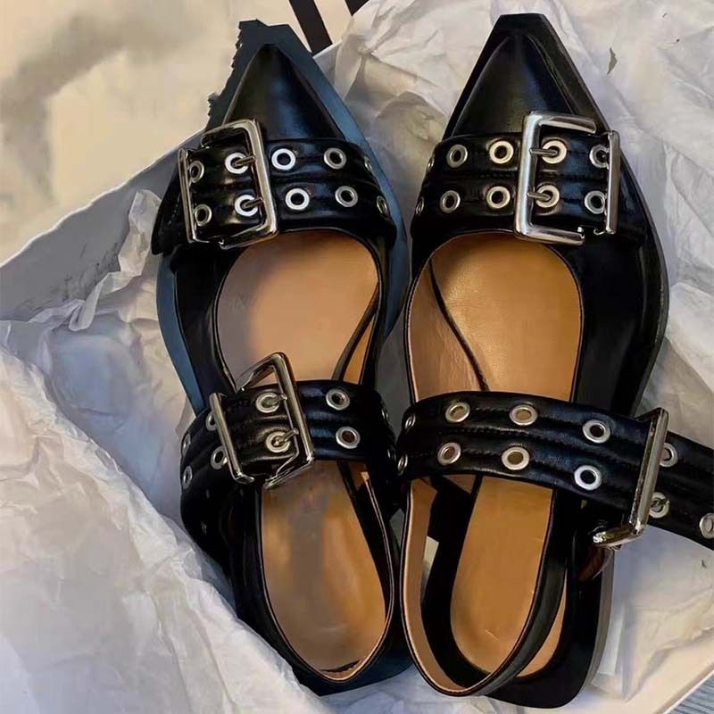 2024 Frühjahr/Sommer Neue Spitz Gürtel Schnalle Muller Echtes Leder Flache Unterseite Mary Jane Zurück Air Sandalen frauen Single_voghion.com