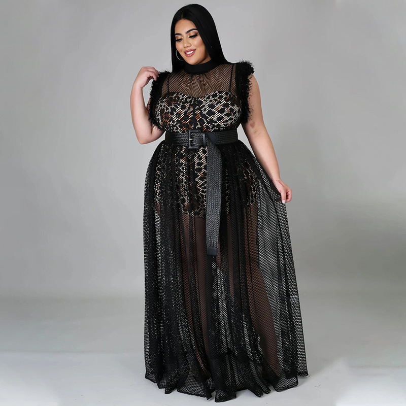 Gonna lunga in rete sexy trasparente dal temperamento da donna, abito a due pezzi plus size_voghion.com