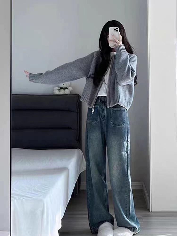 Herbst und Winter neue Mode zweiteiliges Set für Damen grau kurze Pullover Jacke Strickjacke lässig Denim breite Beinhose_voghion.com