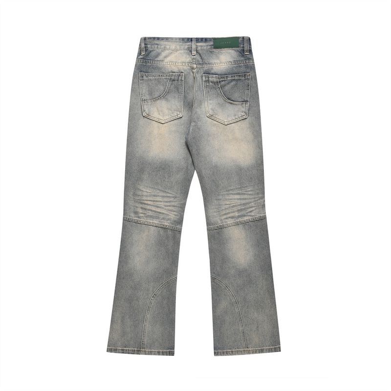 Men's Clothing Trend Micro Flared Jeans Men's Patch Pocket Split Patchwork Washed Wide-leg Pants_voghion.com