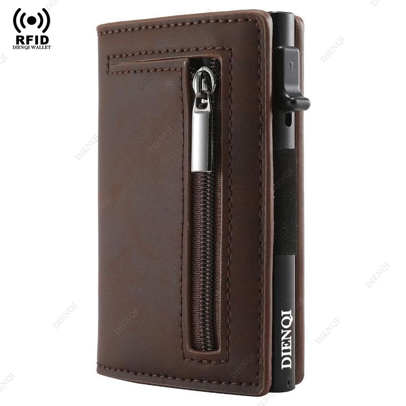 New Crazy Horse Leather Men's Wallet Automatic Pop Up Credit Card Box Ultra Thin RFID Anti Theft Card Holder Metal Card Holder_voghion.com