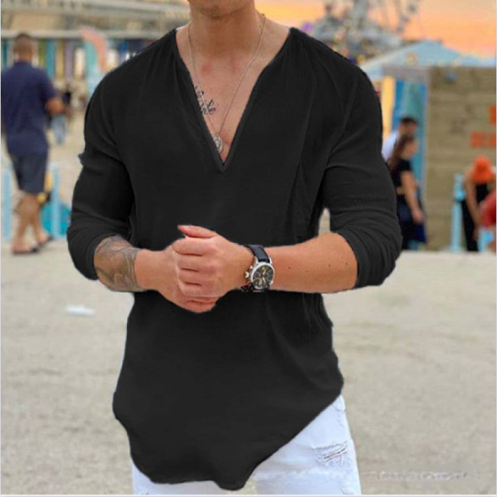 Nuova maglietta casual a tinta unita con scollo a V 2024 da uomo in cotone e lino a maniche lunghe_voghion.com