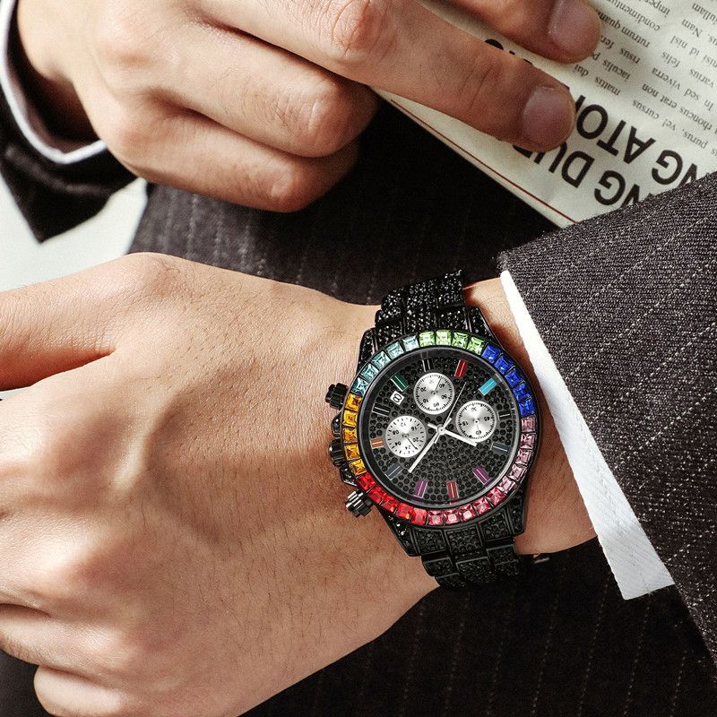 Men's Luxury Rainbow Chronograph Watch With Diamond Bezel - Stainless Steel Case, Mineral Crystal, Water Resistant 30M, Quartz Movement_voghion.com