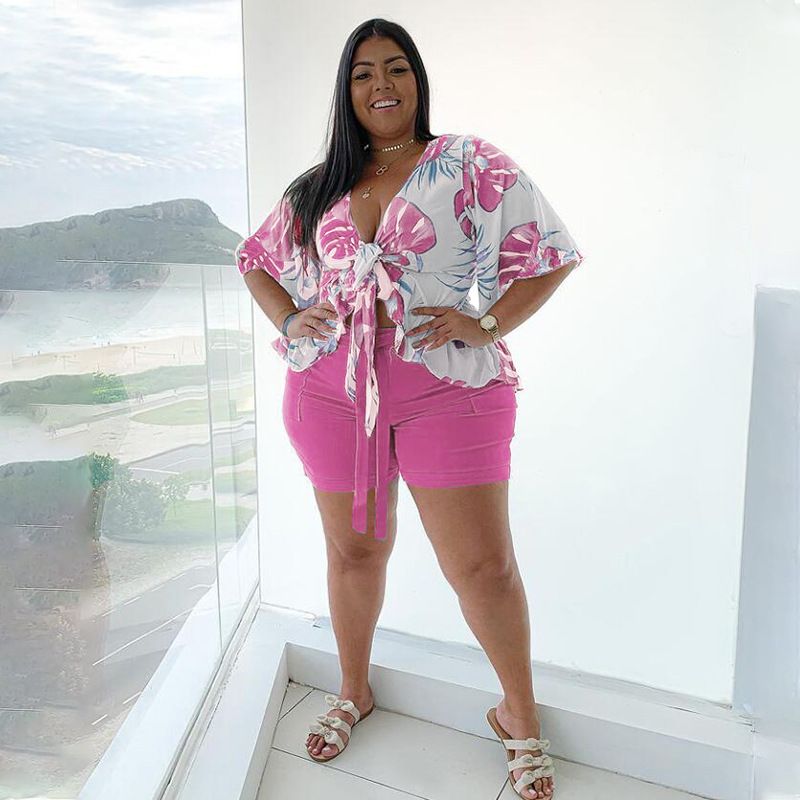 Women's large size two-piece printed casual T-shirt shorts suit_voghion.com